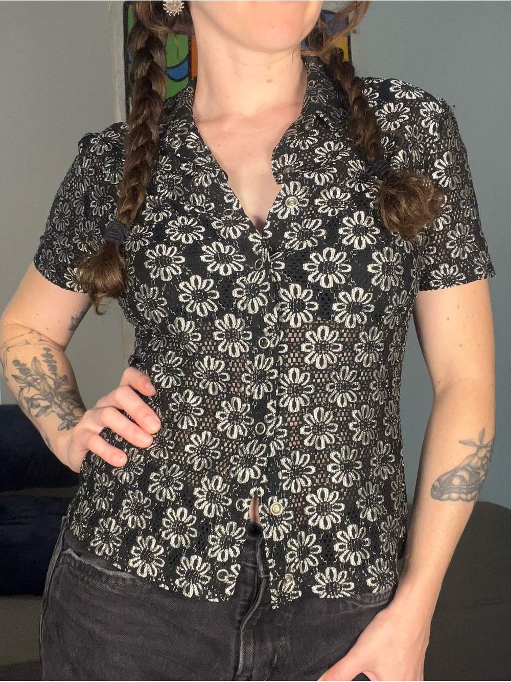Rampage R Wear Vintage Y2K Flower Print Mesh Snap Up Top Size Small
